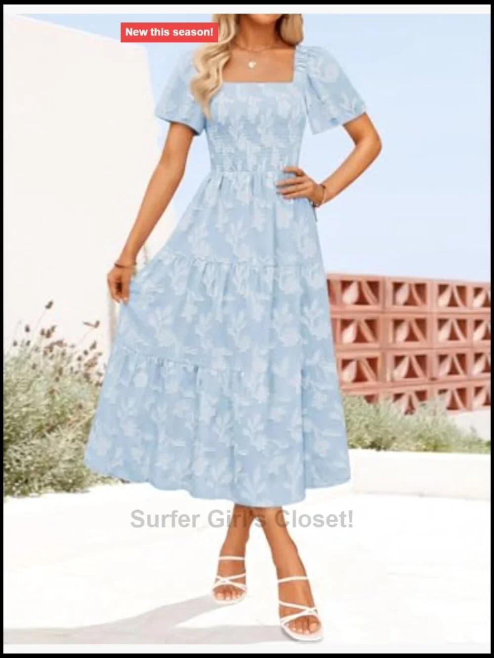 Boho Floral Midi Dress Square Neck Short Sleeve Flowy Wedding Guest Dress